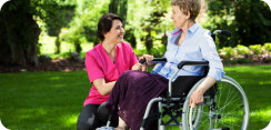 caregiver and elderly woman talking